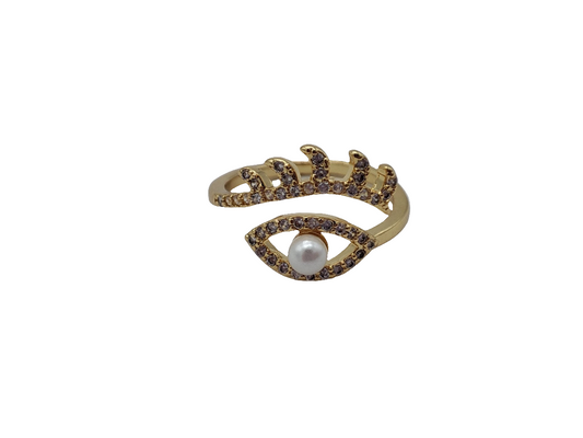 Anillo ajustable ojo con perla y cristales